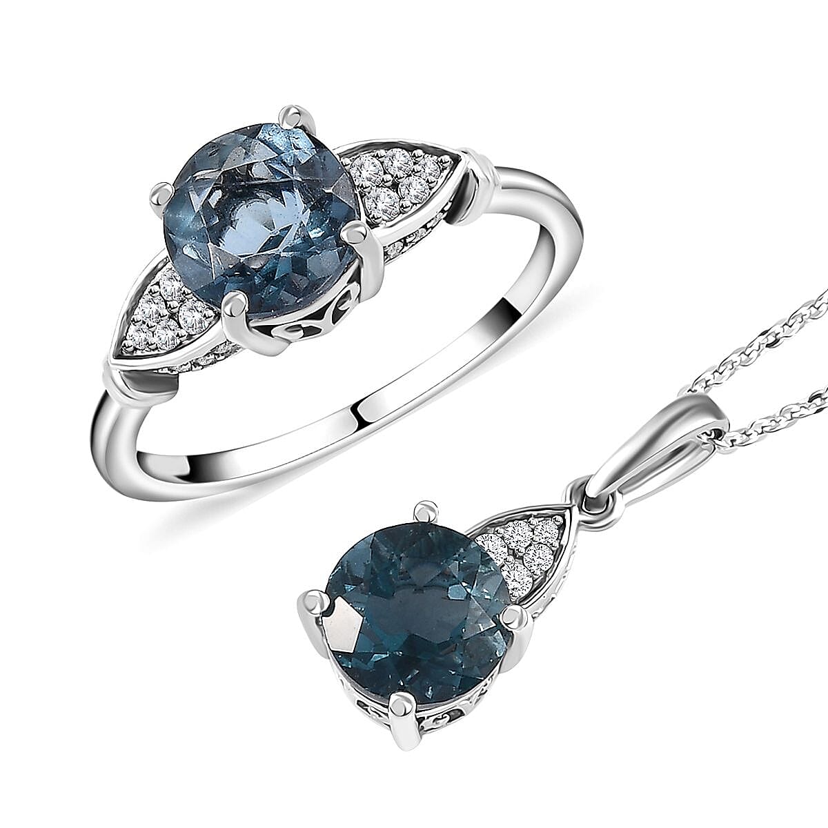 Dean Teal Fluorite (IR) and White Zircon Ring (Size 6.0) and Pendant Necklace 20 Inches in Platinum Over Sterling Silver 5.10 ctw