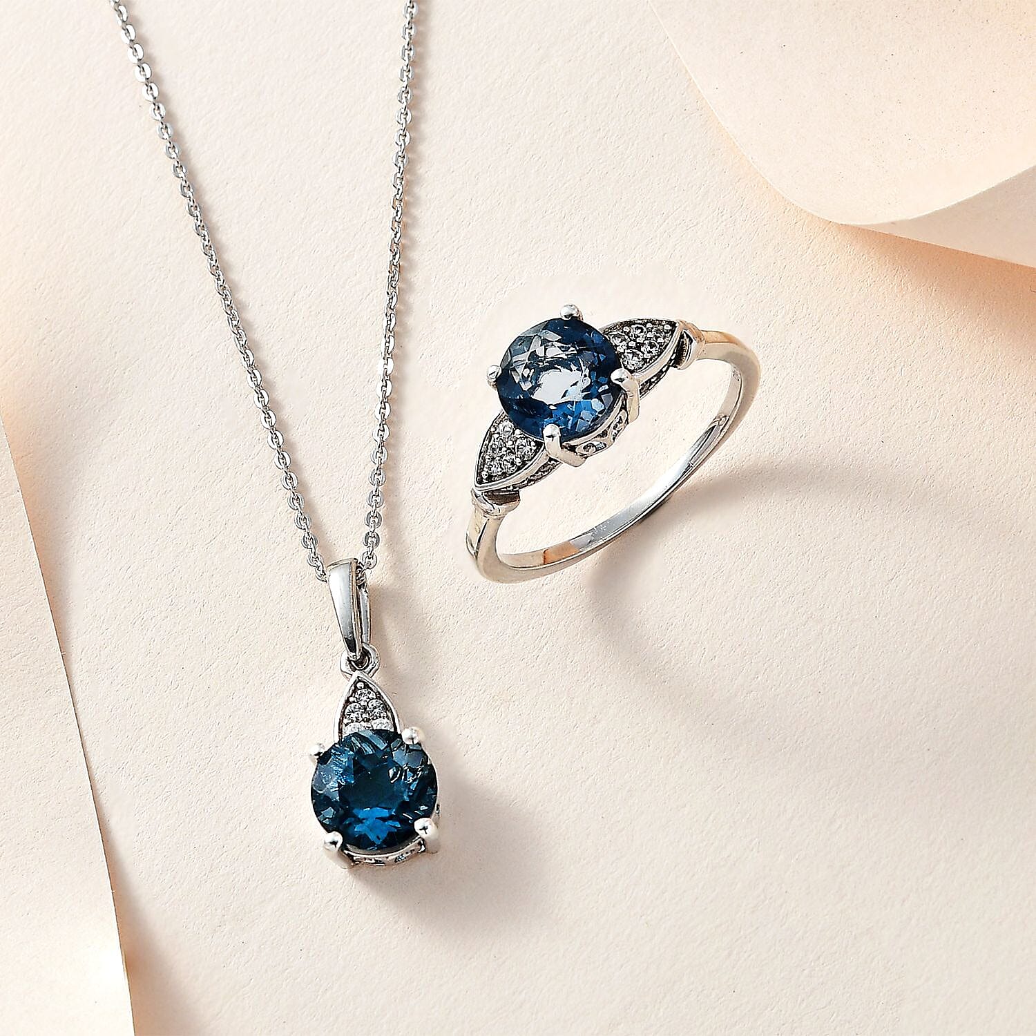 Dean Teal Fluorite (IR) and White Zircon Ring (Size 6.0) and Pendant Necklace 20 Inches in Platinum Over Sterling Silver 5.10 ctw