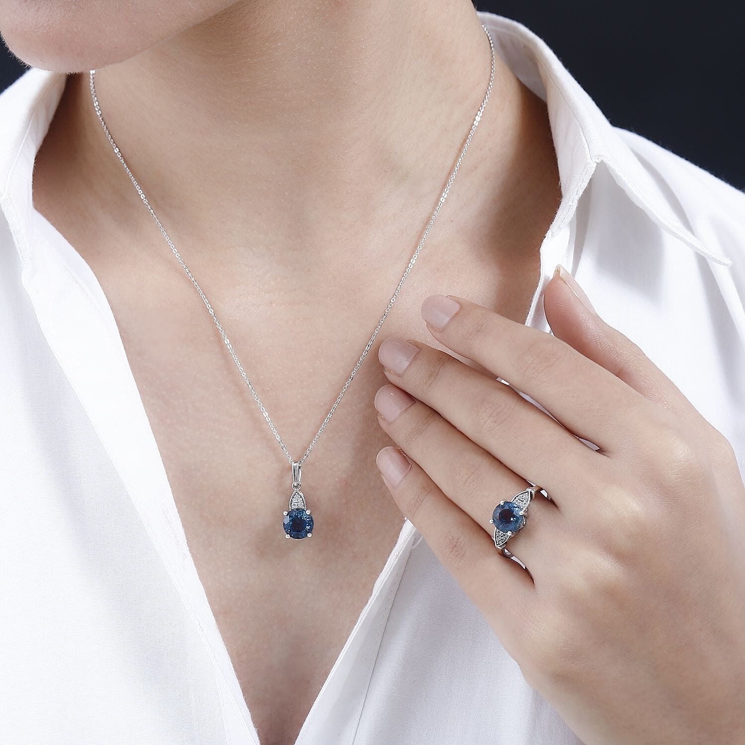 Dean Teal Fluorite (IR) and White Zircon Ring (Size 6.0) and Pendant Necklace 20 Inches in Platinum Over Sterling Silver 5.10 ctw