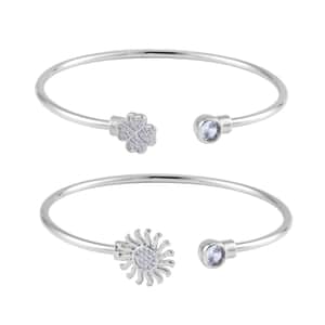 Simulated Diamond Set of 2 Leaf Clover and Sunflower Cuff Bracelet (7.50 In) in Silvertone 0.60 ctw
