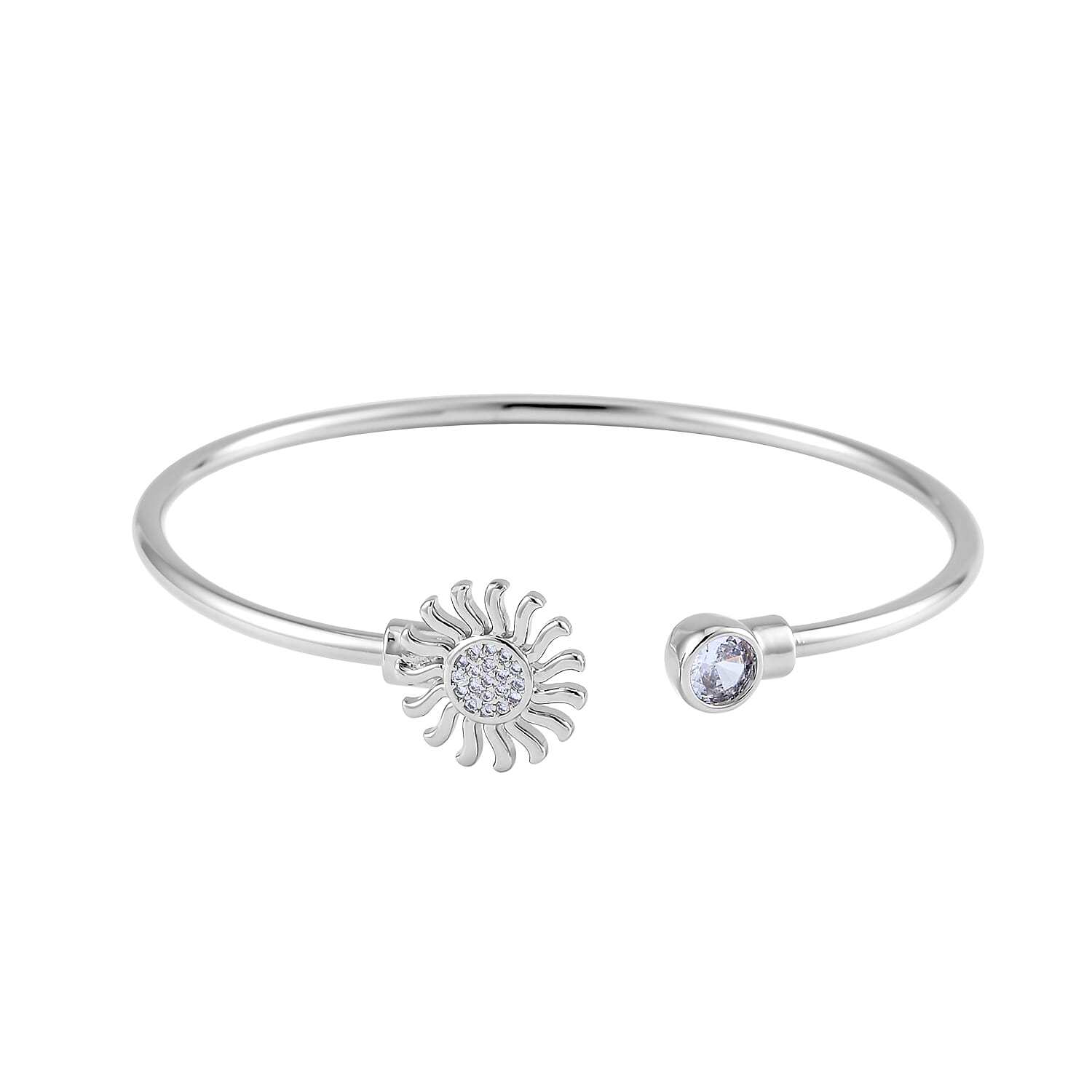 Simulated Diamond Set of 2 Leaf Clover and Sunflower Cuff Bracelet (7.50 In) in Silvertone 0.60 ctw
