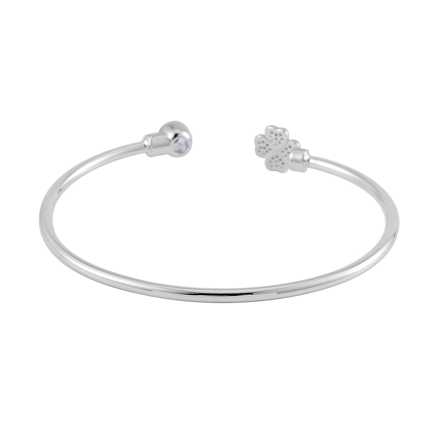 Simulated Diamond Set of 2 Leaf Clover and Sunflower Cuff Bracelet (7.50 In) in Silvertone 0.60 ctw