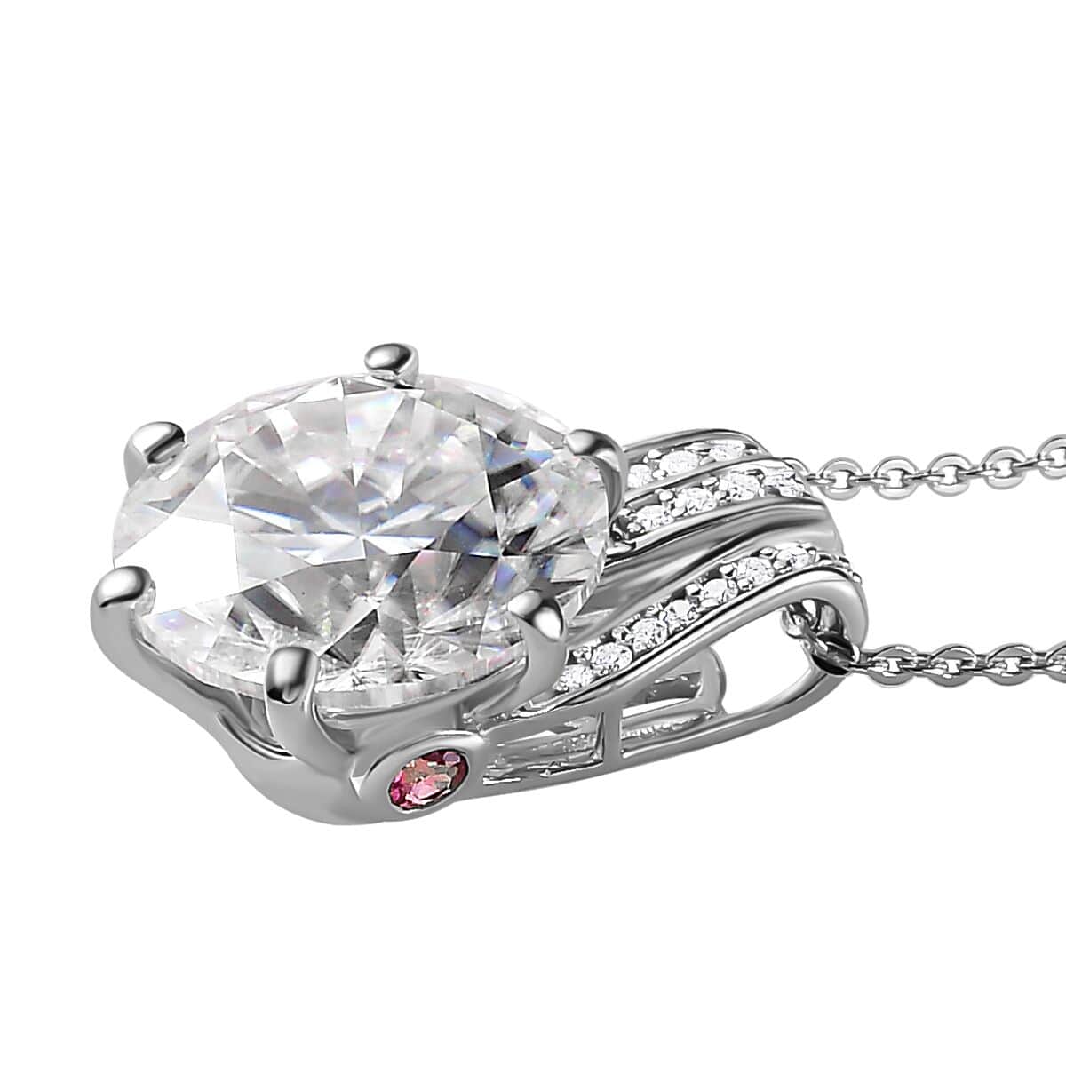 Moissanite and Ouro Fino Rubellite Princess Crown Pendant Necklace 20 Inches in Platinum Over Sterling Silver 6.10 ctw image number 3