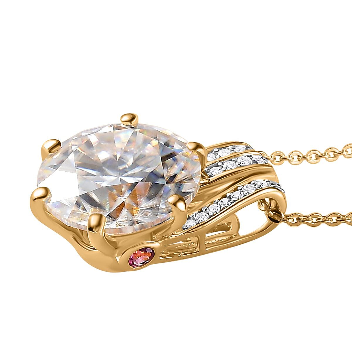 Moissanite and Ouro Fino Rubellite Princess Crown Pendant Necklace 20 Inches in Vermeil Yellow Gold Over Sterling Silver 6.10 ctw image number 3