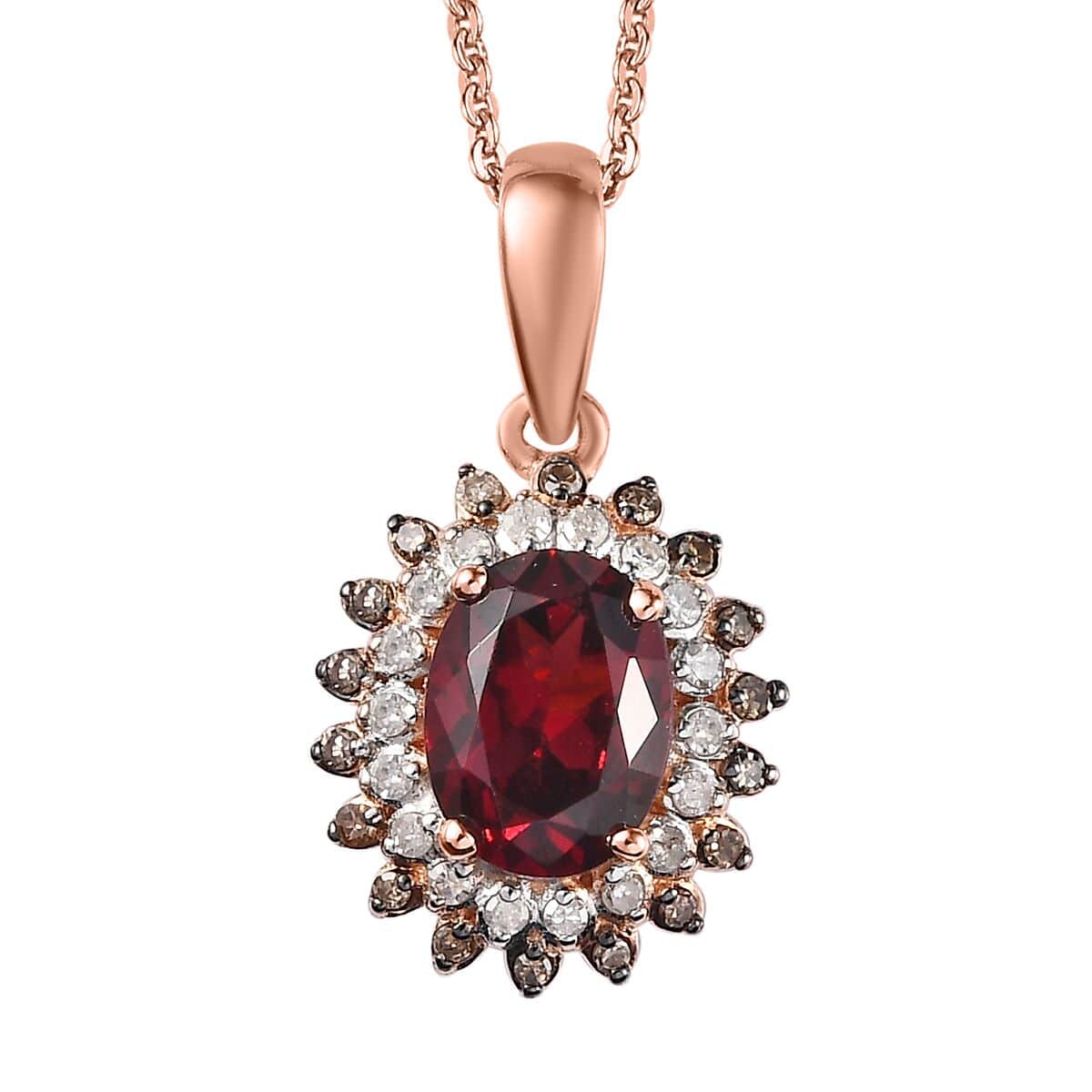 Tanzanian Wine Garnet, Natural Champagne and White Diamond Floral Pendant Necklace 20 Inches in Vermeil Rose Gold Over Sterling Silver 1.75 ctw image number 0