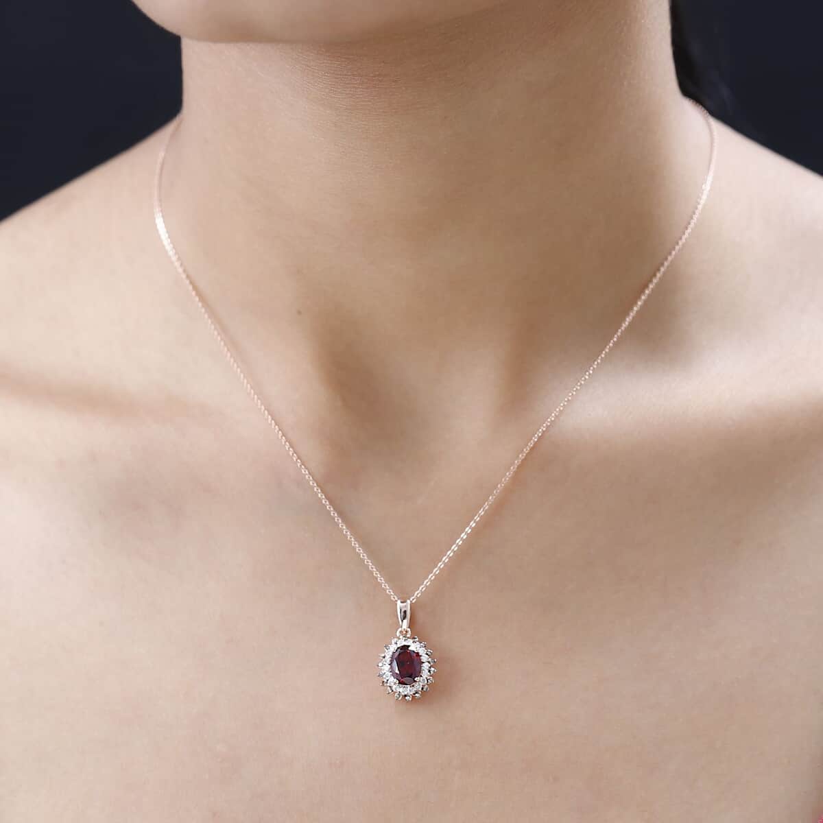 Tanzanian Wine Garnet, Natural Champagne and White Diamond Floral Pendant Necklace 20 Inches in Vermeil Rose Gold Over Sterling Silver 1.75 ctw image number 2