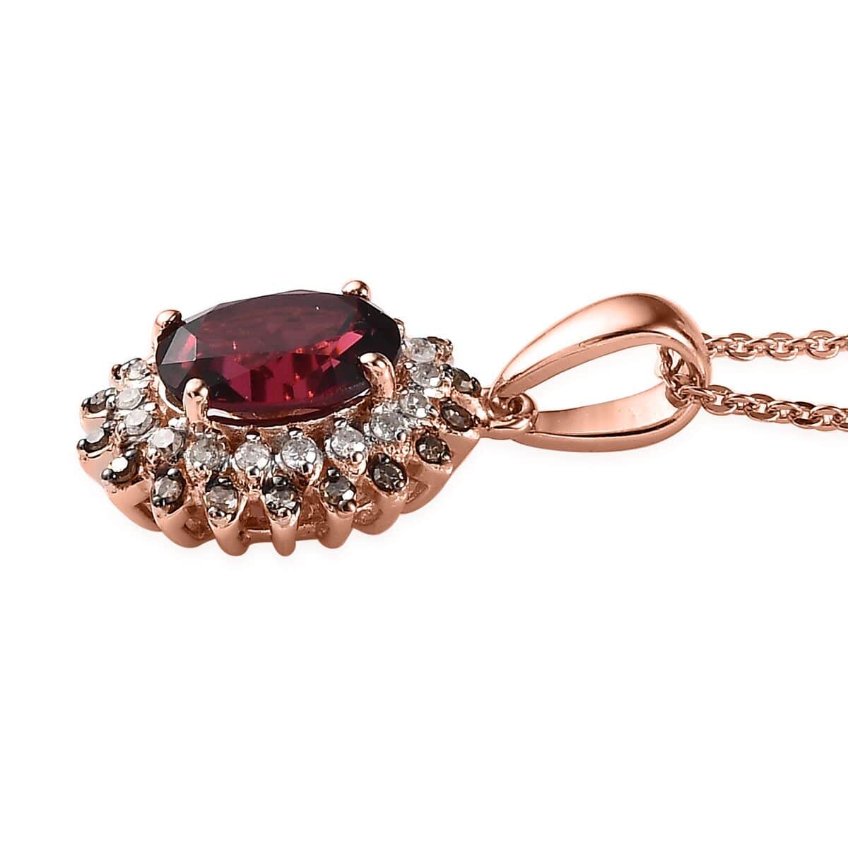 Tanzanian Wine Garnet, Natural Champagne and White Diamond Floral Pendant Necklace 20 Inches in Vermeil Rose Gold Over Sterling Silver 1.75 ctw image number 3