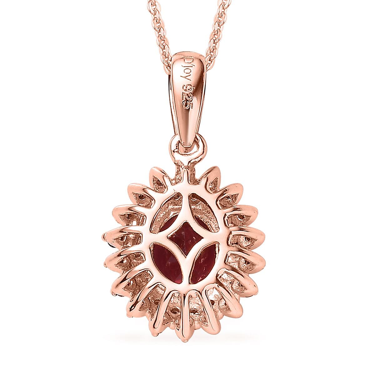 Tanzanian Wine Garnet, Natural Champagne and White Diamond Floral Pendant Necklace 20 Inches in Vermeil Rose Gold Over Sterling Silver 1.75 ctw