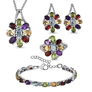 Multi Gemstone Bracelet 6.5-8.5In, Floral Earrings, Ring (Size 6.0), Pendant Necklace 20 Inches in Stainless Steel 25.90 ctw