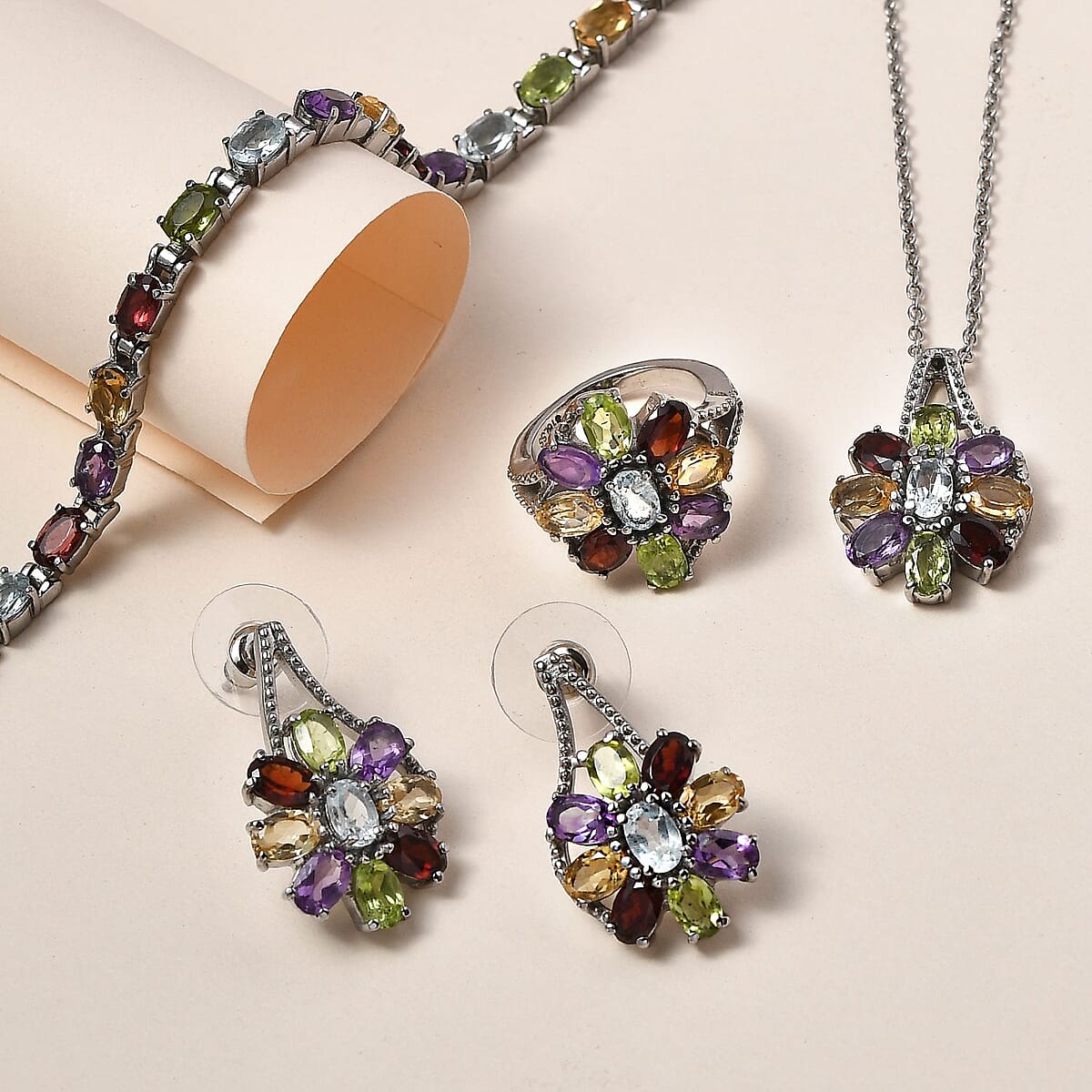 Multi Gemstone Bracelet 6.5-8.5In, Floral Earrings, Ring (Size 10.0), Pendant Necklace 20 Inches in Stainless Steel 25.90 ctw image number 1