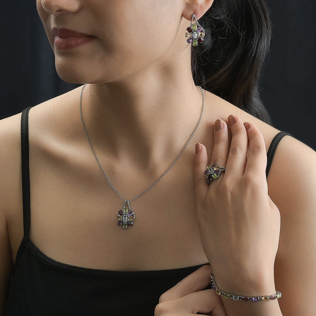 Multi Gemstone Bracelet 6.5-8.5In, Floral Earrings, Ring (Size 10.0), Pendant Necklace 20 Inches in Stainless Steel 25.90 ctw image number 4