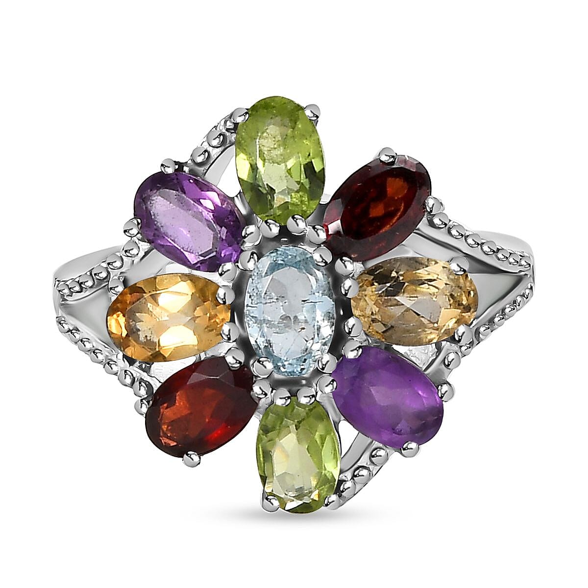 Multi Gemstone Bracelet 6.5-8.5In, Floral Earrings, Ring (Size 10.0), Pendant Necklace 20 Inches in Stainless Steel 25.90 ctw image number 5