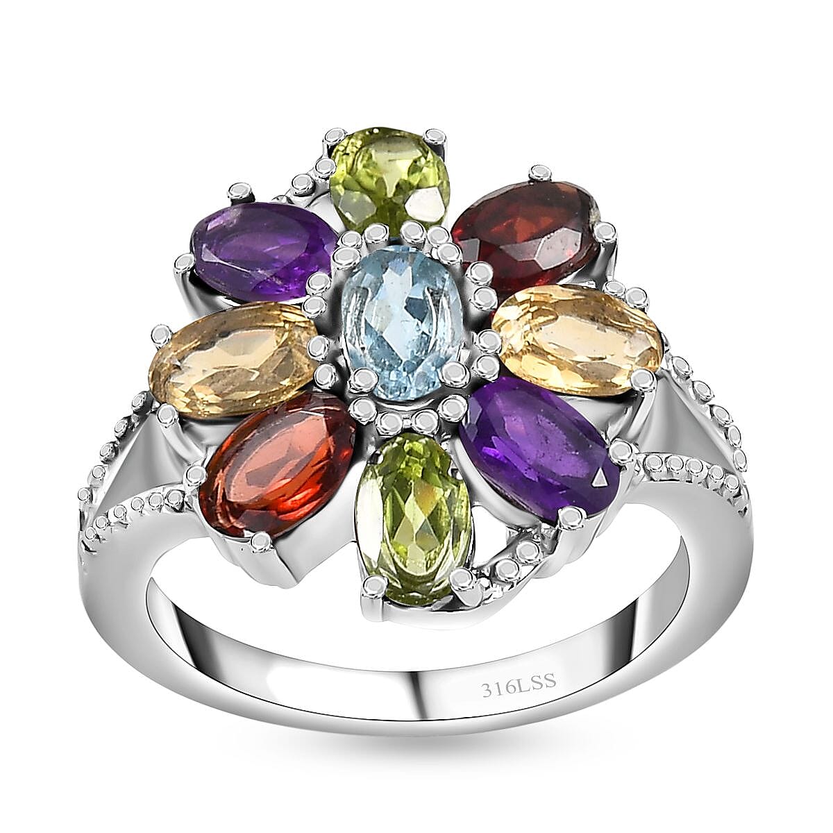 Multi Gemstone Bracelet 6.5-8.5In, Floral Earrings, Ring (Size 10.0), Pendant Necklace 20 Inches in Stainless Steel 25.90 ctw image number 6