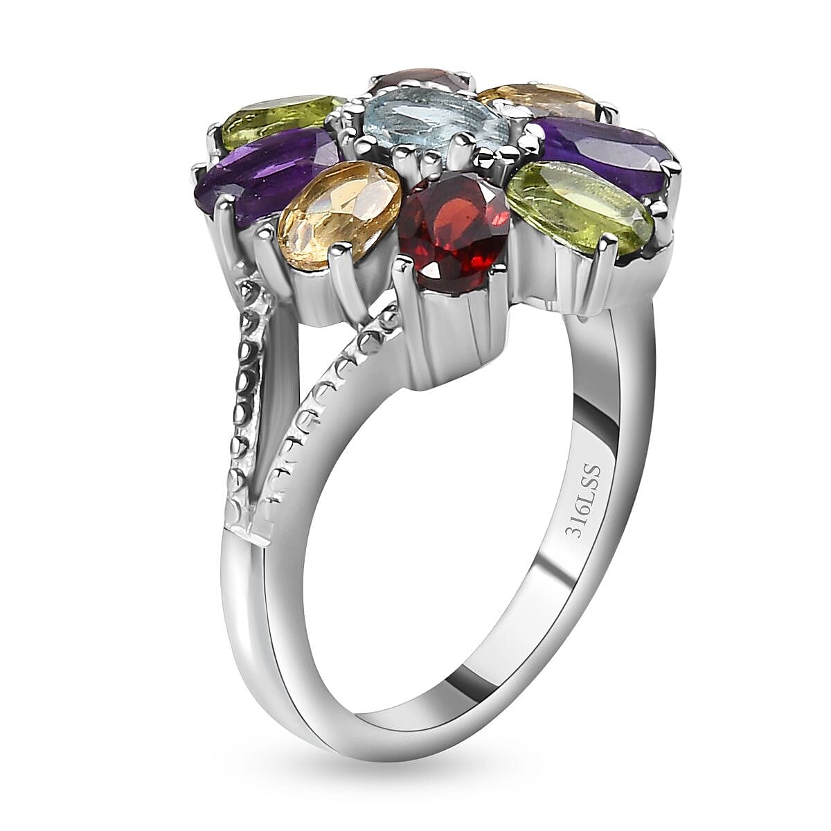 Multi Gemstone Bracelet 6.5-8.5In, Floral Earrings, Ring (Size 10.0), Pendant Necklace 20 Inches in Stainless Steel 25.90 ctw image number 7