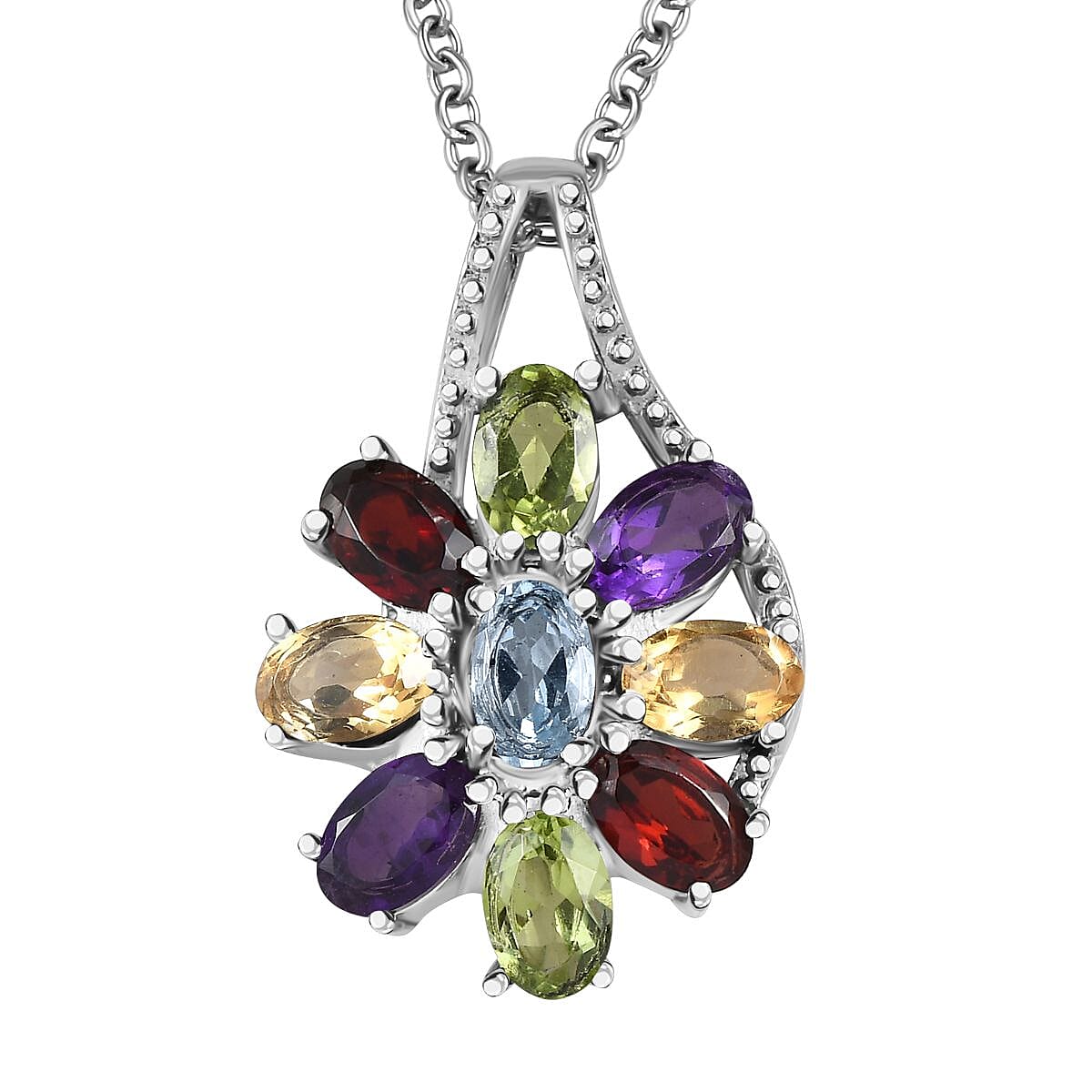 Multi Gemstone Bracelet 6.5-8.5In, Floral Earrings, Ring (Size 10.0), Pendant Necklace 20 Inches in Stainless Steel 25.90 ctw image number 8