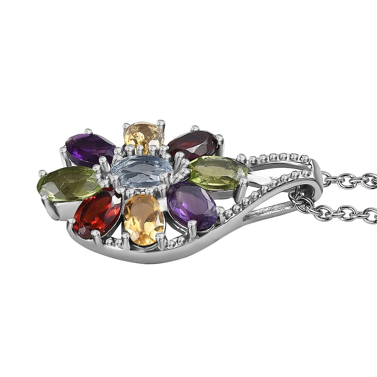 Multi Gemstone Bracelet 6.5-8.5In, Floral Earrings, Ring (Size 10.0), Pendant Necklace 20 Inches in Stainless Steel 25.90 ctw image number 9