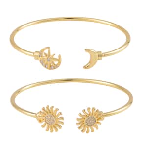 Simulated Diamond Set of 2 Sunflower and Celestial Cuff Bracelet (7.50 In) in Goldtone 0.50 ctw