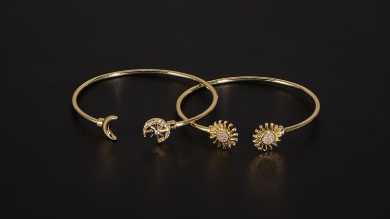 Simulated Diamond Set of 2 Sunflower and Celestial Cuff Bracelet (7.50 In) in Goldtone 0.50 ctw