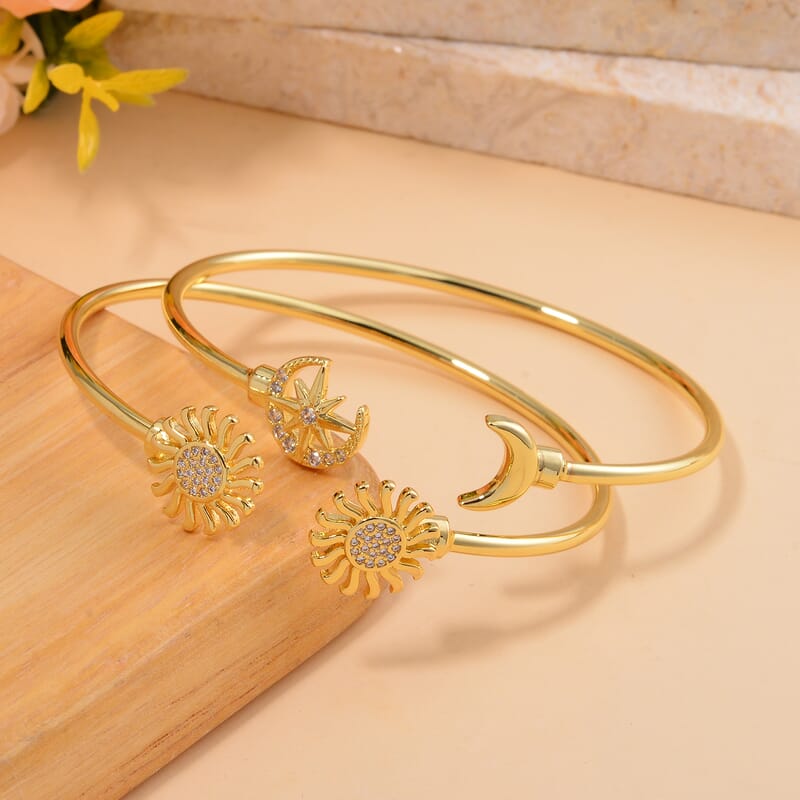 Simulated Diamond Set of 2 Sunflower and Celestial Cuff Bracelet (7.50 In) in Goldtone 0.50 ctw