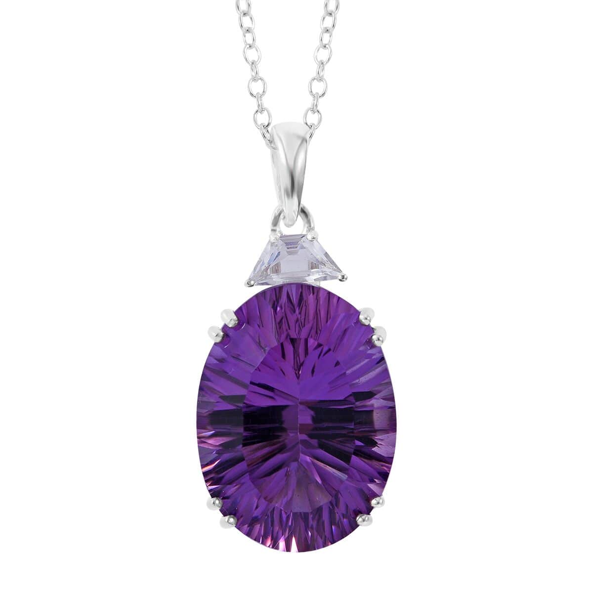 Concave Cut African Amethyst and White Topaz Pendant Necklace 18 Inches in Platinum Over Sterling Silver 20.60 ctw image number 0