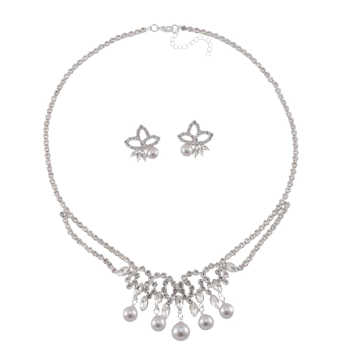 White Shell Pearl and Austrian Crystal Necklace and Earrings in Silvertone 20-22 Inches image number 0