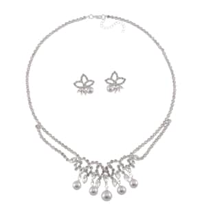 White Shell Pearl and Austrian Crystal Necklace and Earrings in Silvertone 20-22 Inches