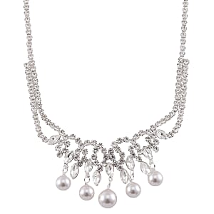 White Shell Pearl and Austrian Crystal Necklace and Earrings in Silvertone 20-22 Inches