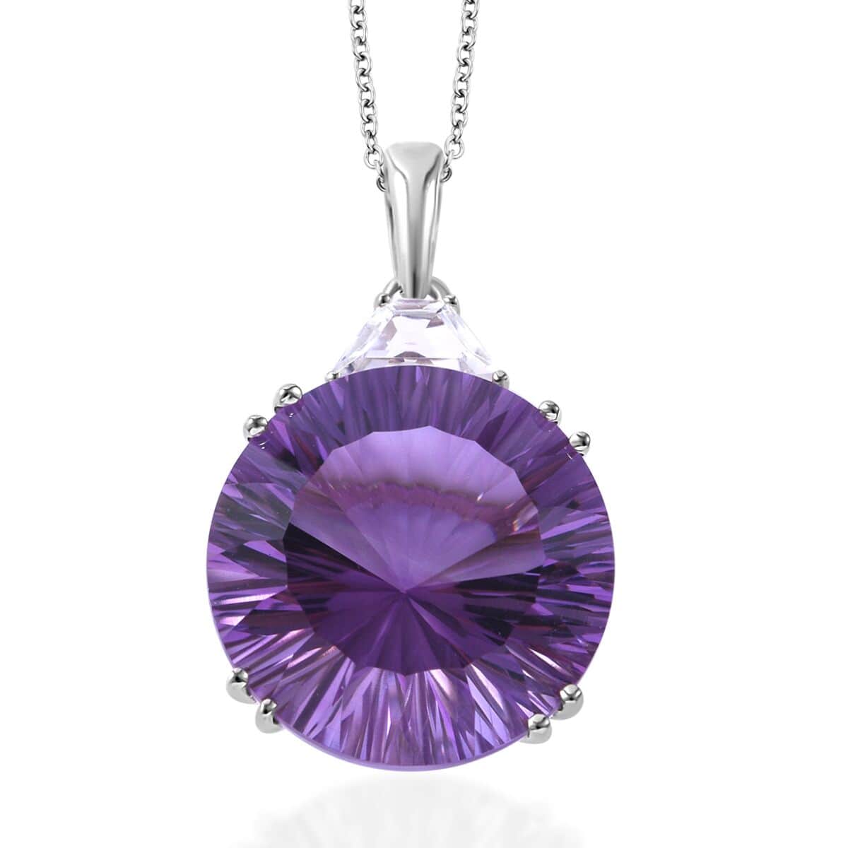 Concave Cut African Amethyst and White Topaz Pendant Necklace 18 Inches in Platinum Over Sterling Silver 20.60 ctw image number 0