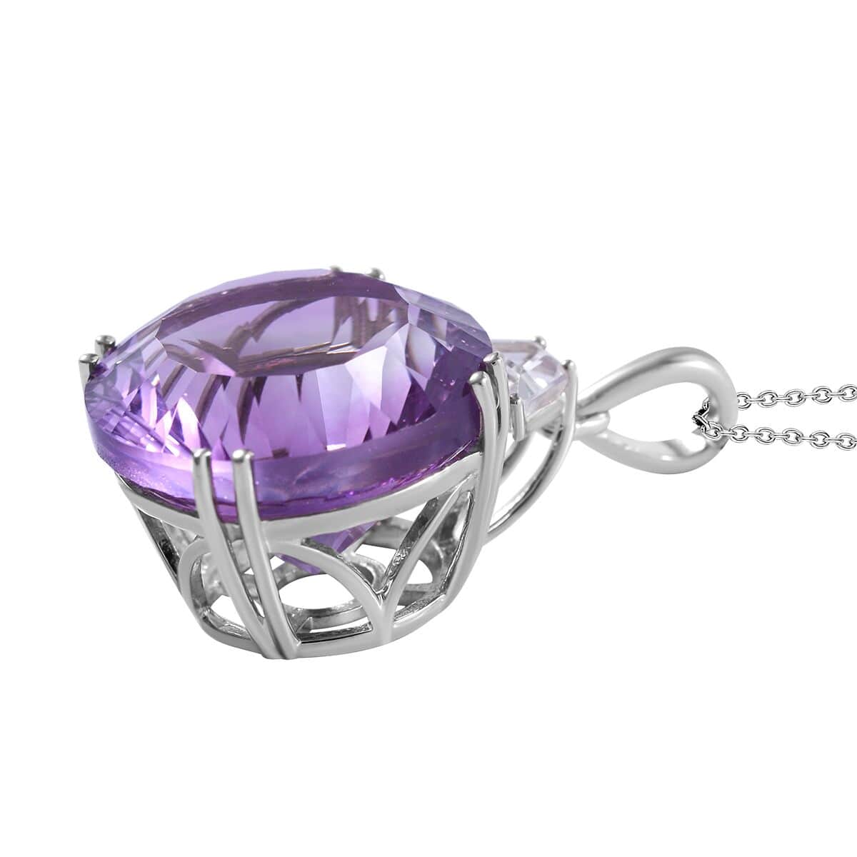 Concave Cut African Amethyst and White Topaz Pendant Necklace 18 Inches in Platinum Over Sterling Silver 20.60 ctw image number 2