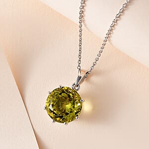 Brazilian Green Gold Quartz and White Zircon Pendant Necklace 20 Inches in Platinum Over Sterling Silver 9.65 ctw