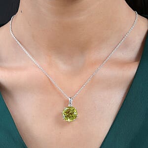 Brazilian Green Gold Quartz and White Zircon Pendant Necklace 20 Inches in Platinum Over Sterling Silver 9.65 ctw