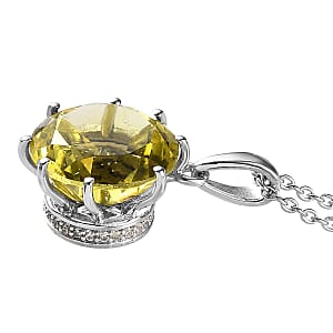 Brazilian Green Gold Quartz and White Zircon Pendant Necklace 20 Inches in Platinum Over Sterling Silver 9.65 ctw