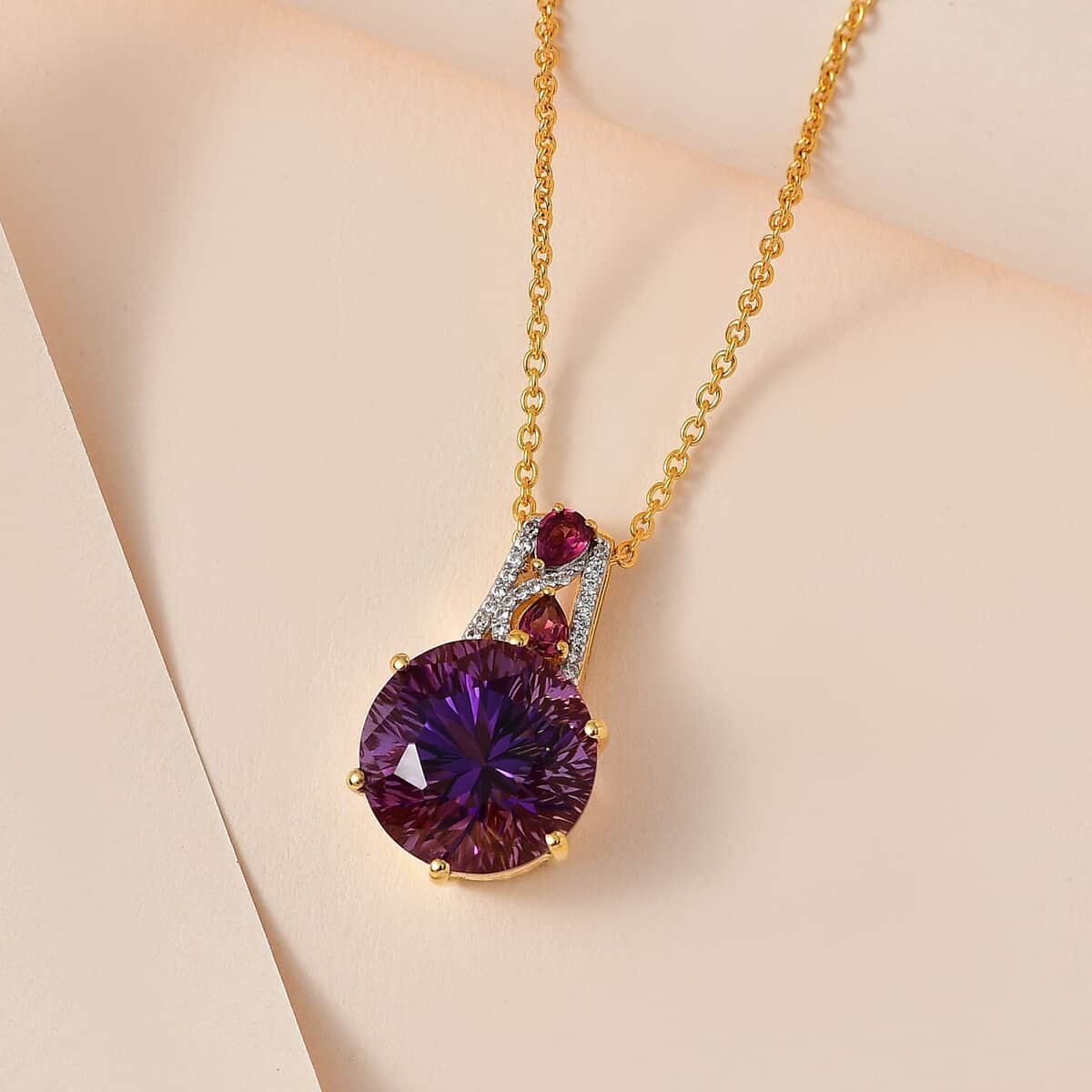 Starbrite Cut African Amethyst and Multi Gemstone Pendant Necklace 20 Inches in Vermeil Yellow Gold Over Sterling Silver 10.70 ctw image number 1