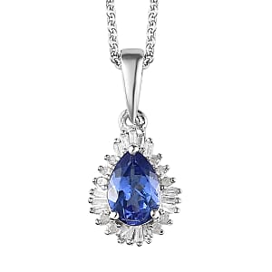 AAA Tanzanite and Diamond Halo Pendant Necklace 20 Inches in Platinum Over Sterling Silver 0.75 ctw