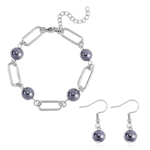 Terahertz Beaded Paper Clip Chain Station Bracelet (6-50-8.0In) and Drop Earrings in Stainless Steel 22.50 ctw