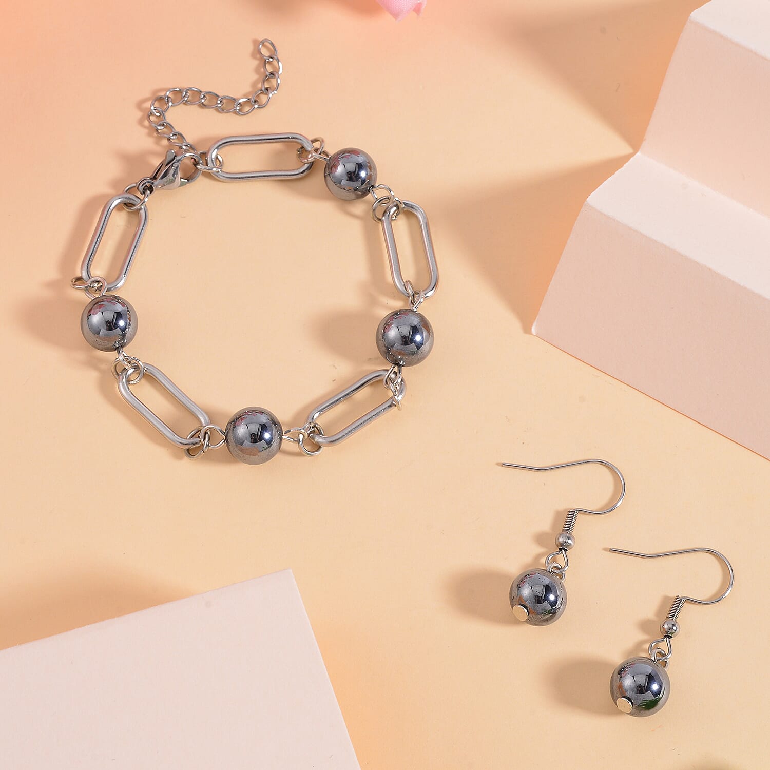 Terahertz 22.50 ctw Beaded Paper Clip Chain Station Bracelet (6-50-8.0In) and Drop Earrings in Stainless Steel