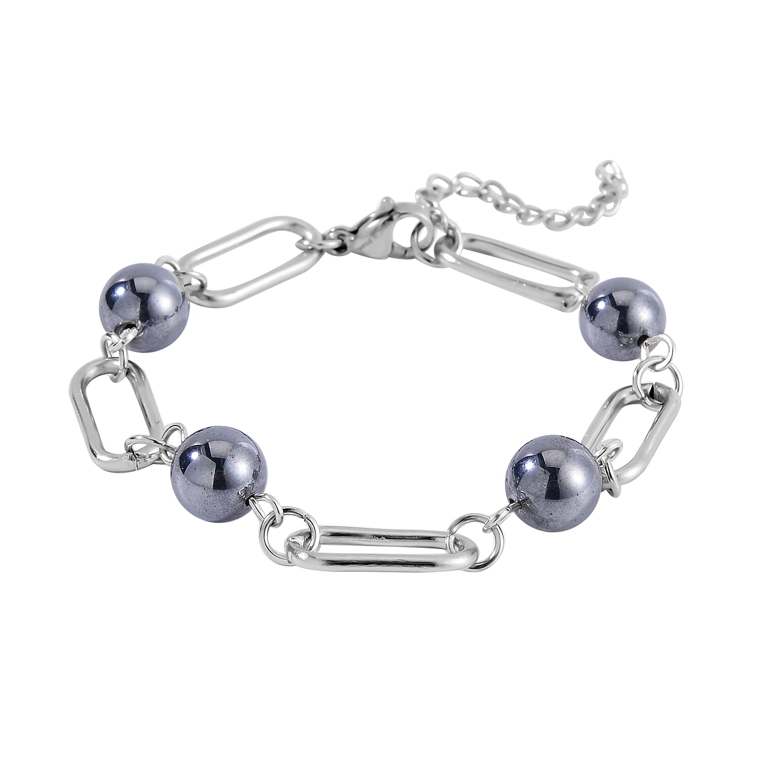 Terahertz 22.50 ctw Beaded Paper Clip Chain Station Bracelet (6-50-8.0In) and Drop Earrings in Stainless Steel
