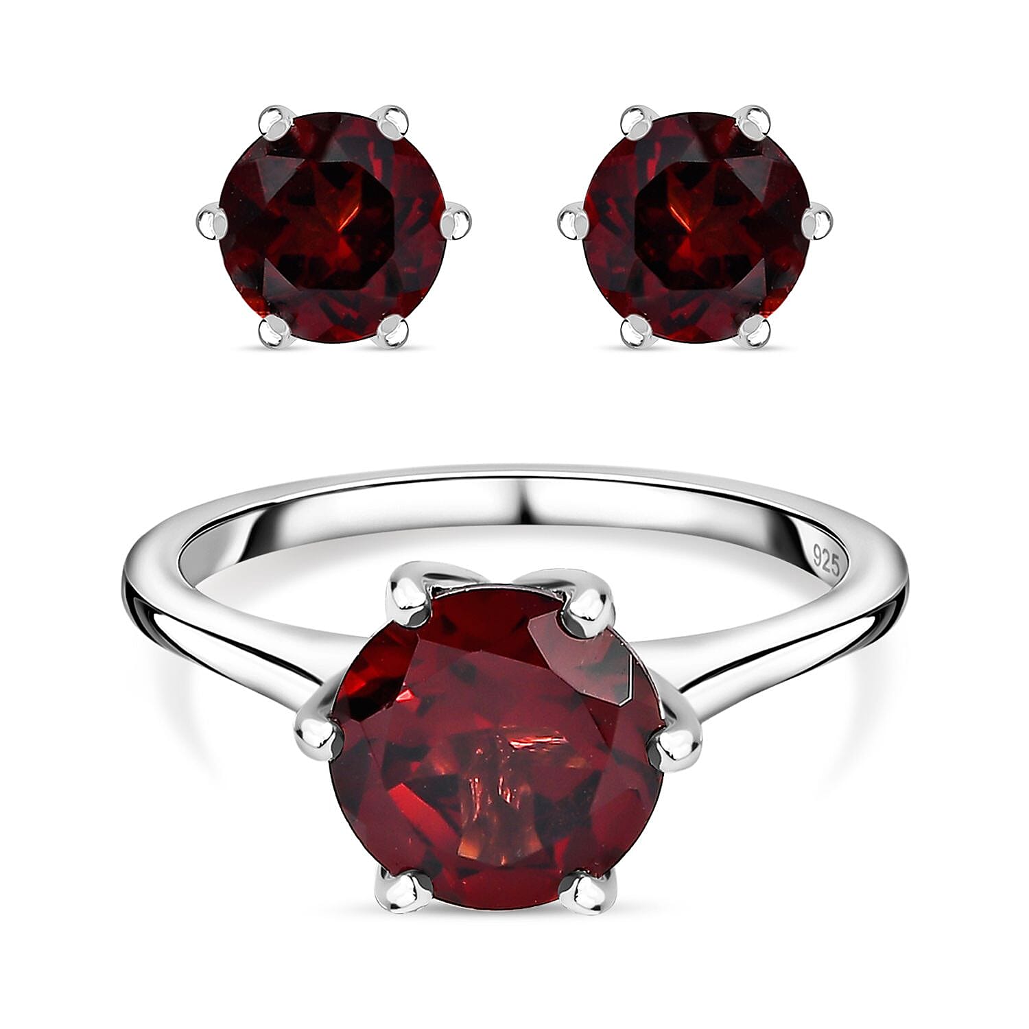 Mozambique Garnet 4.60 ctw Ring (Size 8.0) and Earrings in Platinum Over Sterling Silver
