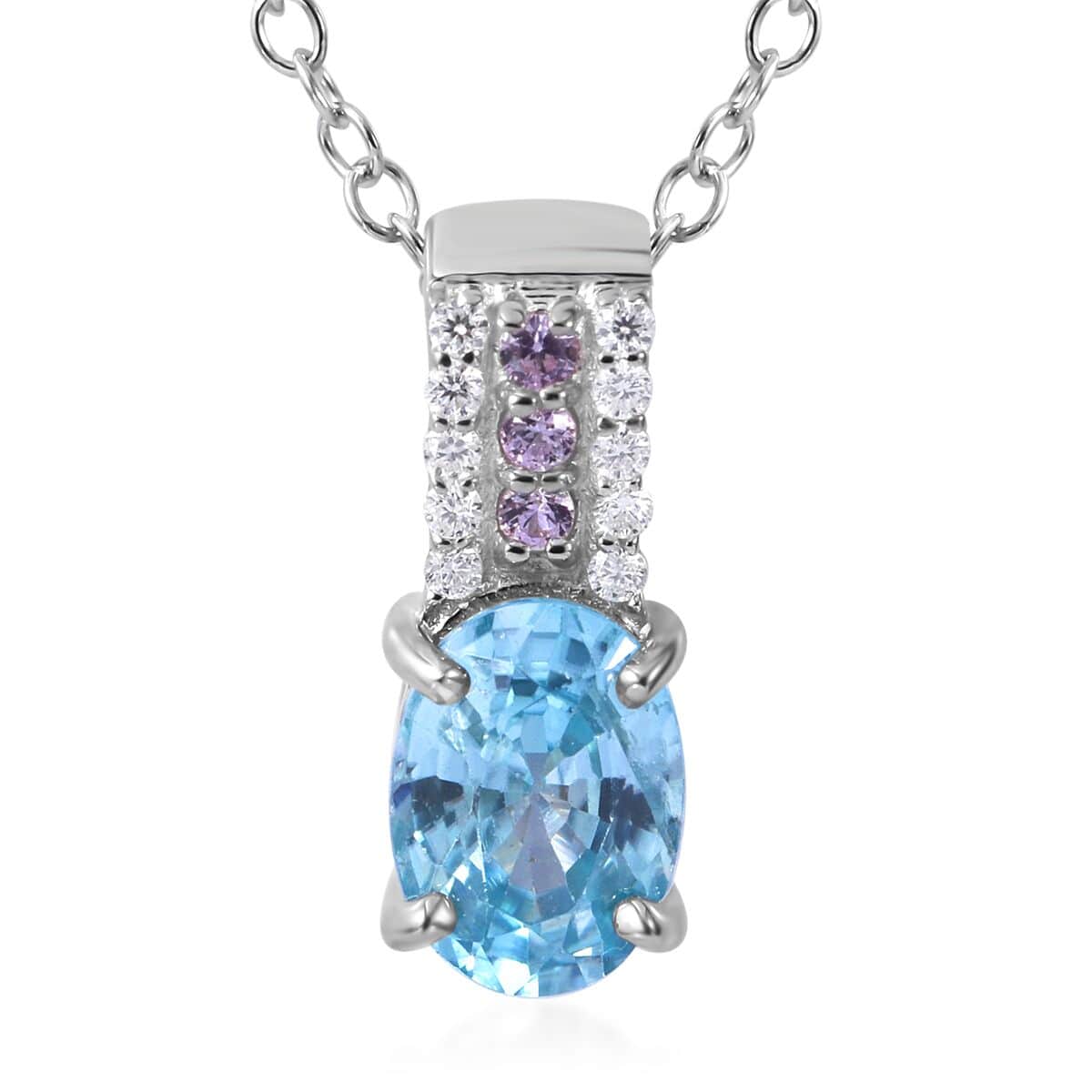 Cambodian Blue Zircon and Multi Gemstone Pendant Necklace 18 Inches in Platinum Over Sterling Silver 1.35 ctw image number 0