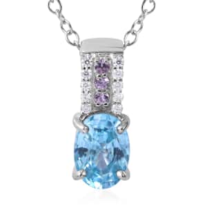 Cambodian Blue Zircon and Multi Gemstone Pendant Necklace 18 Inches in Platinum Over Sterling Silver 1.35 ctw