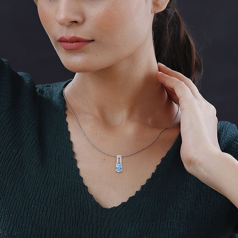 Cambodian Blue Zircon and Multi Gemstone Pendant Necklace 18 Inches in Platinum Over Sterling Silver 1.35 ctw