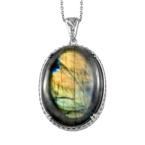 Karis Malagasy Labradorite Pendant in Platinum bond with Stainless Steel Necklace (20 Inches) 71.25 ctw