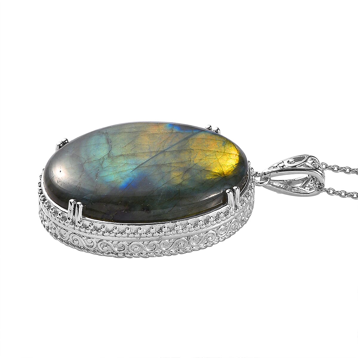 Karis Malagasy Labradorite 35 ctw Pendant in Platinum bond with Stainless Steel Necklace 20 Inches