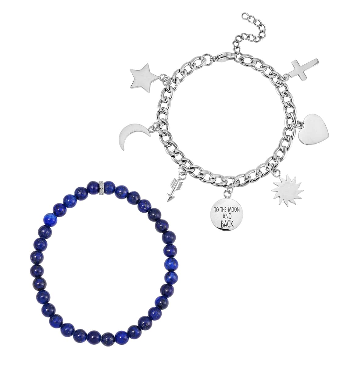 Set of 2 Lapis Lazuli Beaded Stretch and Stainless Steel Curb Chain Charm Bracelet (7.50-9.0In) 80.00 ctw image number 0