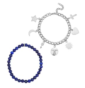 Set of 2 Lapis Lazuli Beaded Stretch and Stainless Steel Curb Chain Charm Bracelet (7.50-9.0In) 80.00 ctw