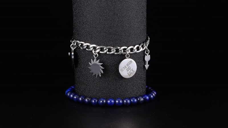 Set of 2 Lapis Lazuli Beaded Stretch and Stainless Steel Curb Chain Charm Bracelet (7.50-9.0In) 80.00 ctw