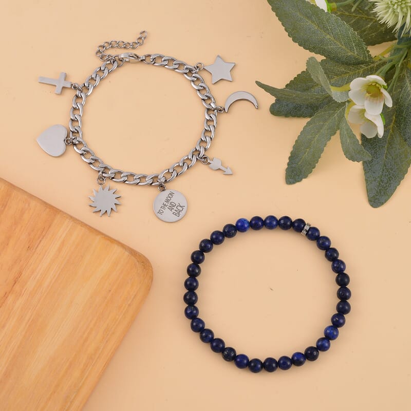 Set of 2 Lapis Lazuli Beaded Stretch and Stainless Steel Curb Chain Charm Bracelet (7.50-9.0In) 80.00 ctw