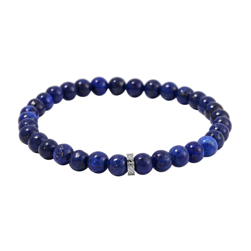 Set of 2 Lapis Lazuli Beaded Stretch and Stainless Steel Curb Chain Charm Bracelet (7.50-9.0In) 80.00 ctw