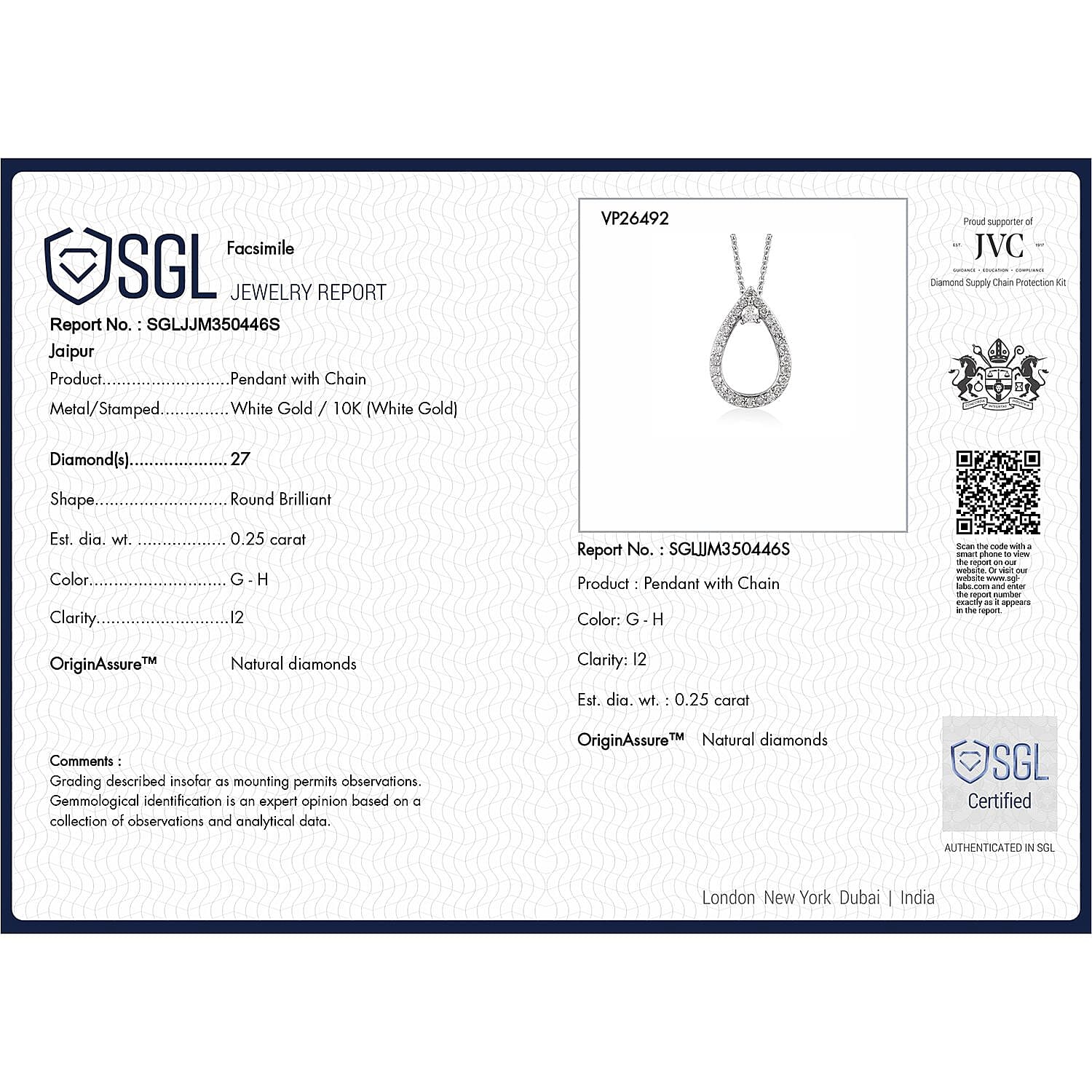 Luxoro 10K White Gold G-H I2 Diamond Pendant Necklace 20 Inches 0.25 ctw