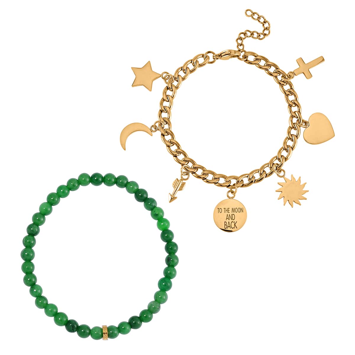 Set of 2 Green Jade (D) Beaded Stretch and ION Plated YG Stainless Steel Curb Chain Charm Bracelet (7.50-9.0In) 80.00 ctw image number 0